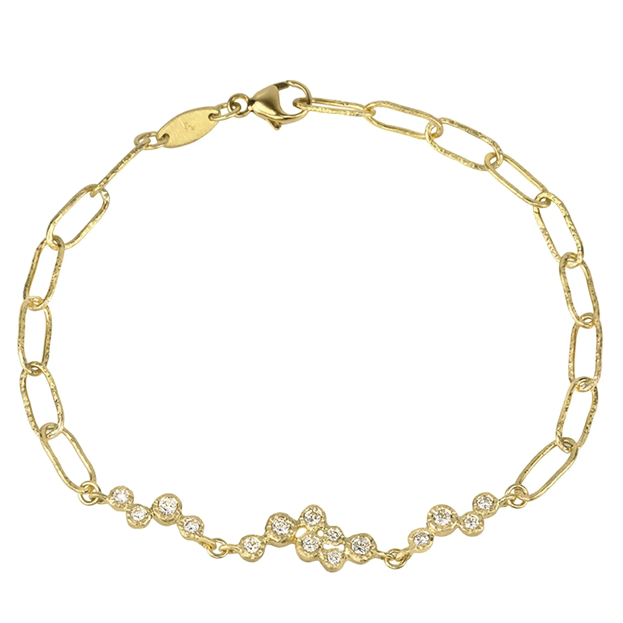 18 Karat Yellow Gold Bubble Chain Bracelet with Three Bezel Set Diamond Clusters