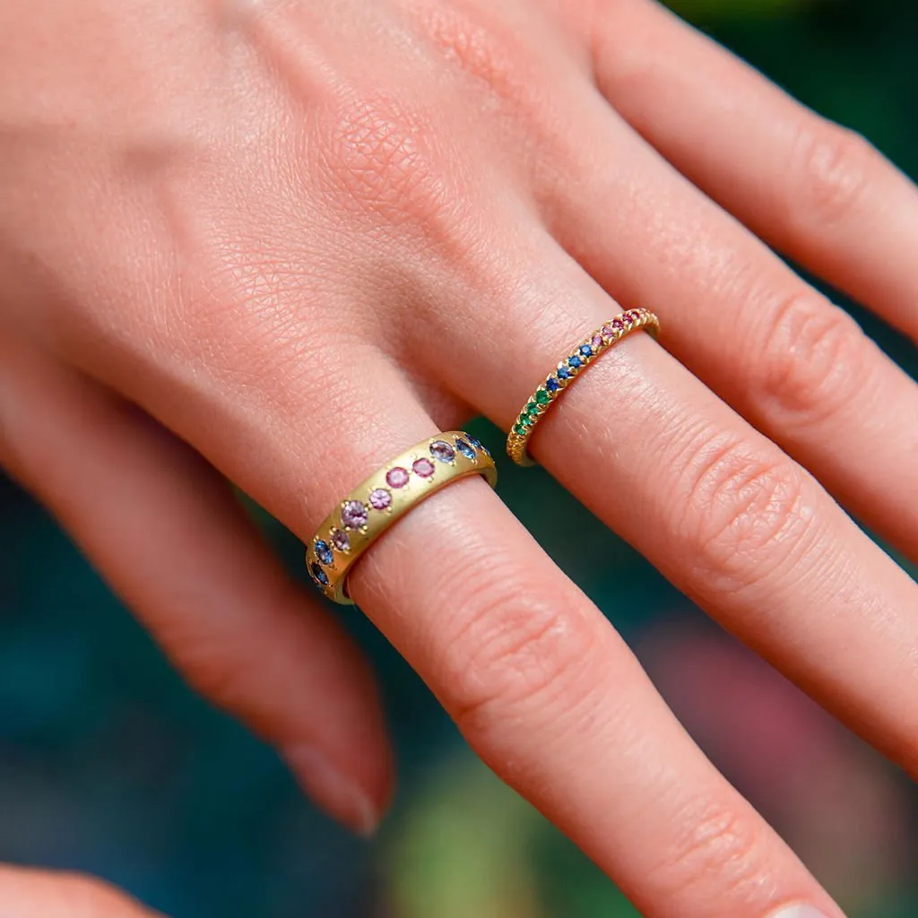 18K Gold Band with Rainbow Sapphire and Emeralds