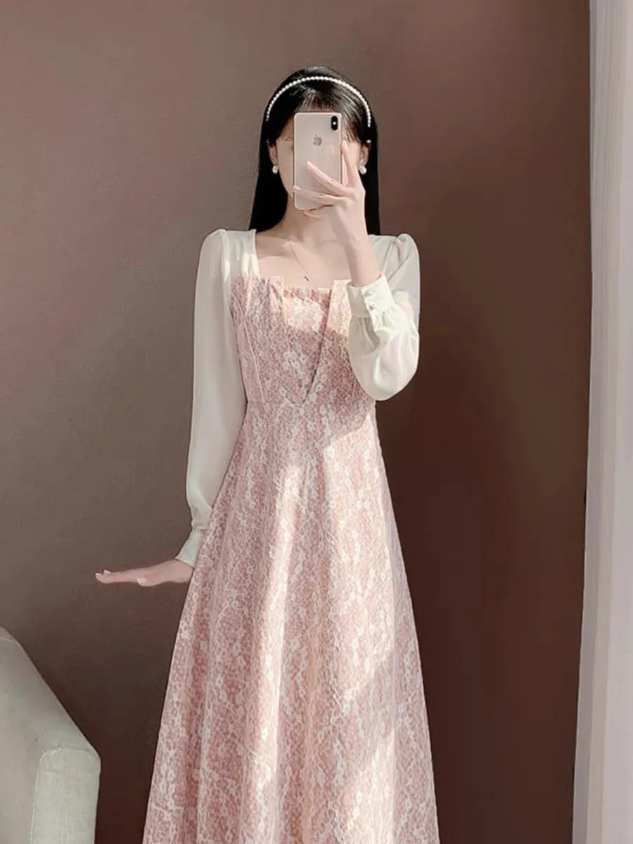 2023 new autumn clothing sweet temperament girl high-end pink lace fairy skirt dress long-sleeved dress for women