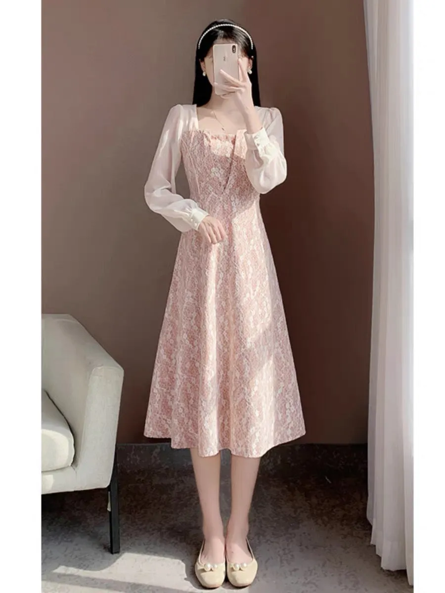 2023 new autumn clothing sweet temperament girl high-end pink lace fairy skirt dress long-sleeved dress for women