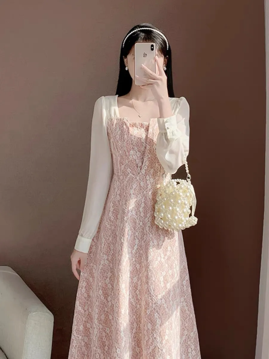 2023 new autumn clothing sweet temperament girl high-end pink lace fairy skirt dress long-sleeved dress for women