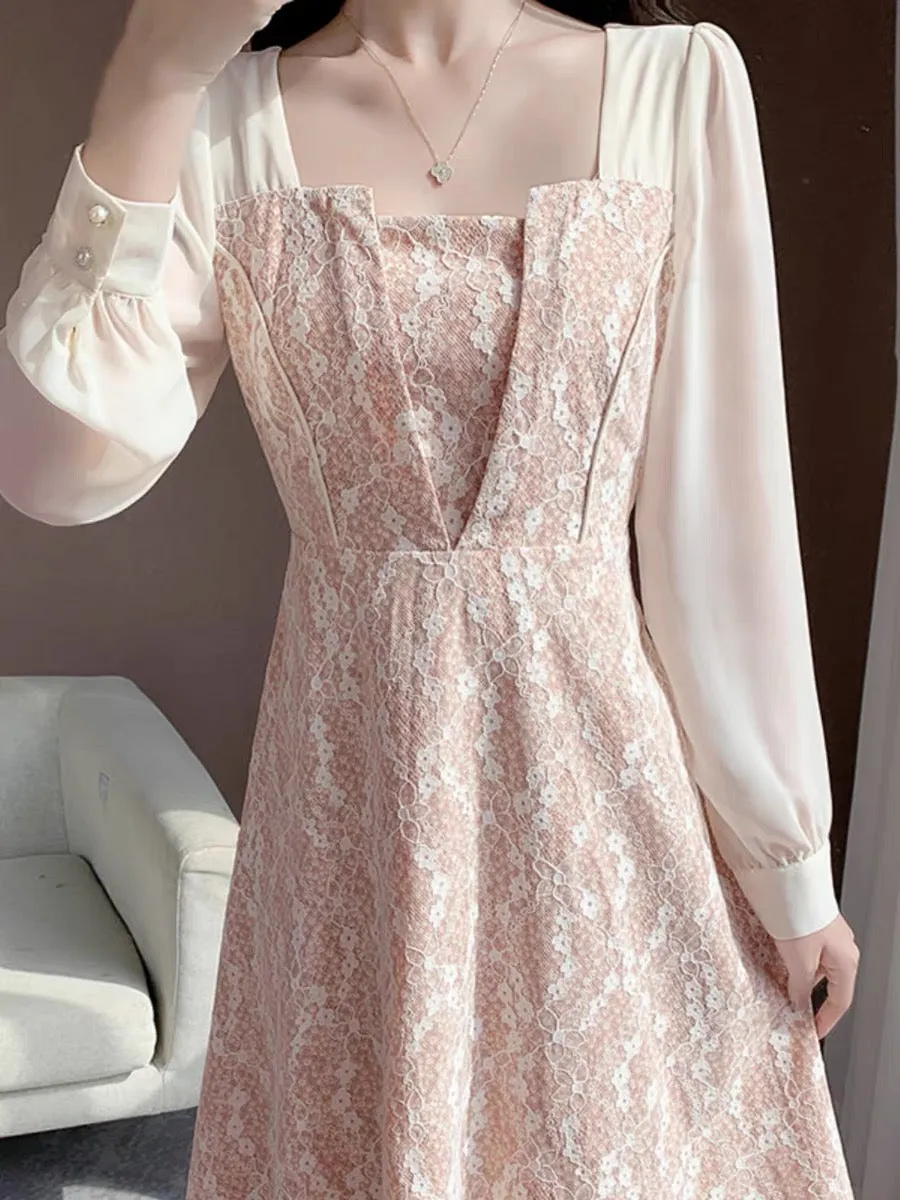 2023 new autumn clothing sweet temperament girl high-end pink lace fairy skirt dress long-sleeved dress for women