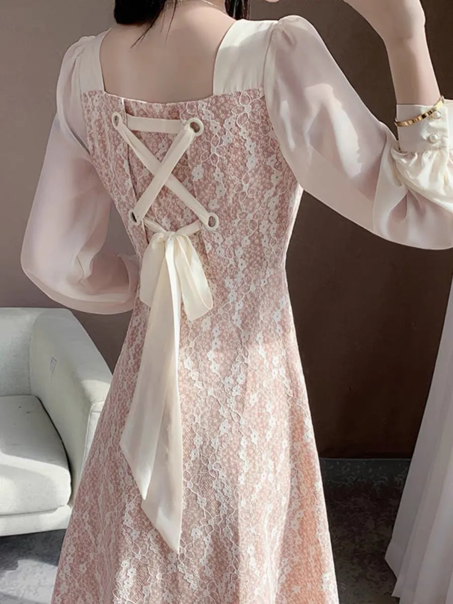 2023 new autumn clothing sweet temperament girl high-end pink lace fairy skirt dress long-sleeved dress for women