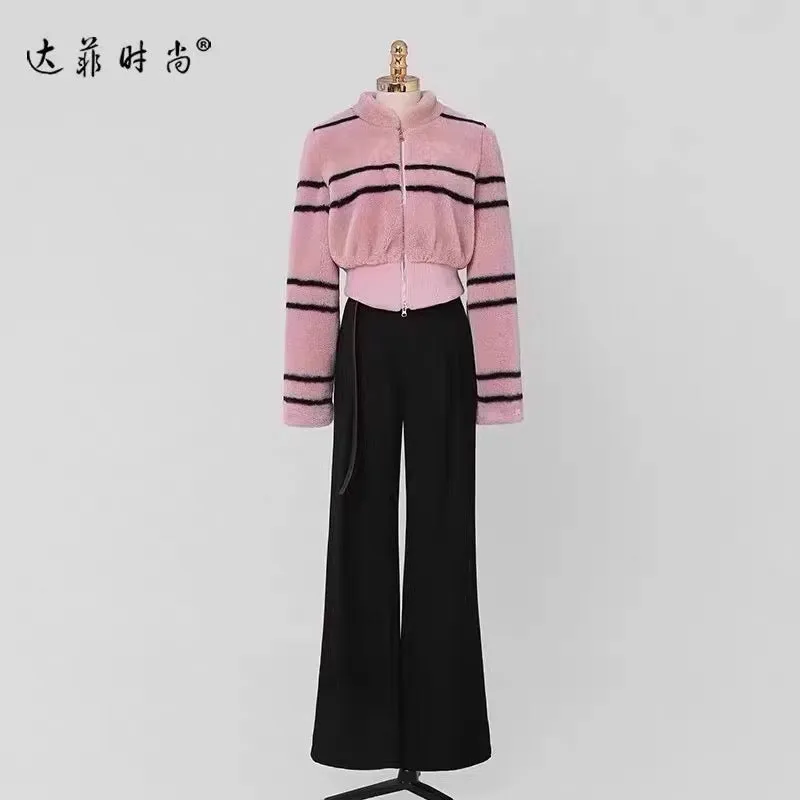 2023 Winter New Fashion Hot Girl Casual Striped Lamb Fur Jacket + High Waist Slim Wide Leg Pants