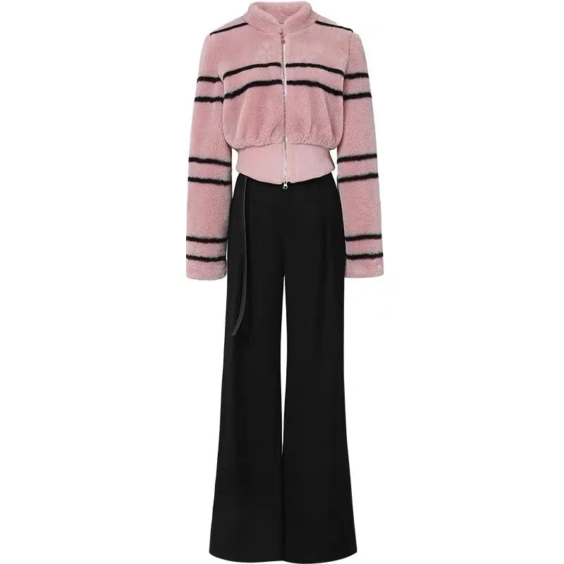 2023 Winter New Fashion Hot Girl Casual Striped Lamb Fur Jacket + High Waist Slim Wide Leg Pants