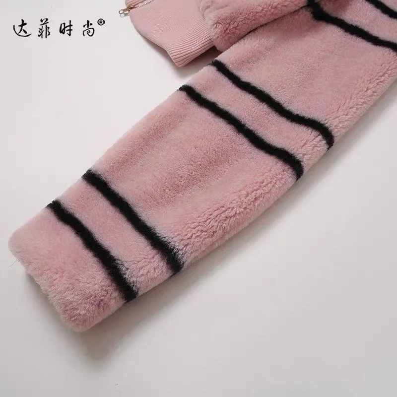 2023 Winter New Fashion Hot Girl Casual Striped Lamb Fur Jacket + High Waist Slim Wide Leg Pants