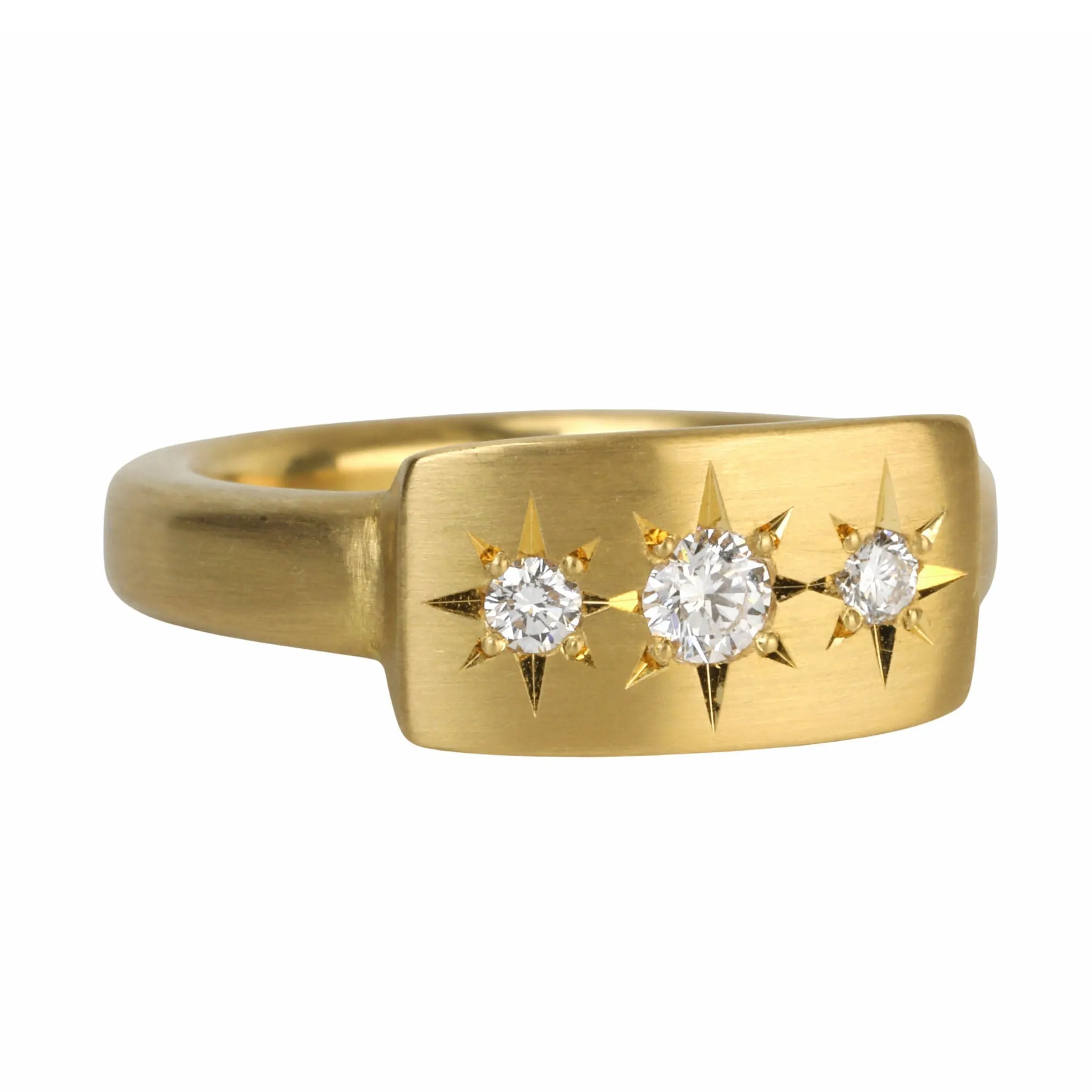 20K Gold Curved Signet Ring with Three Star-Set Diamonds