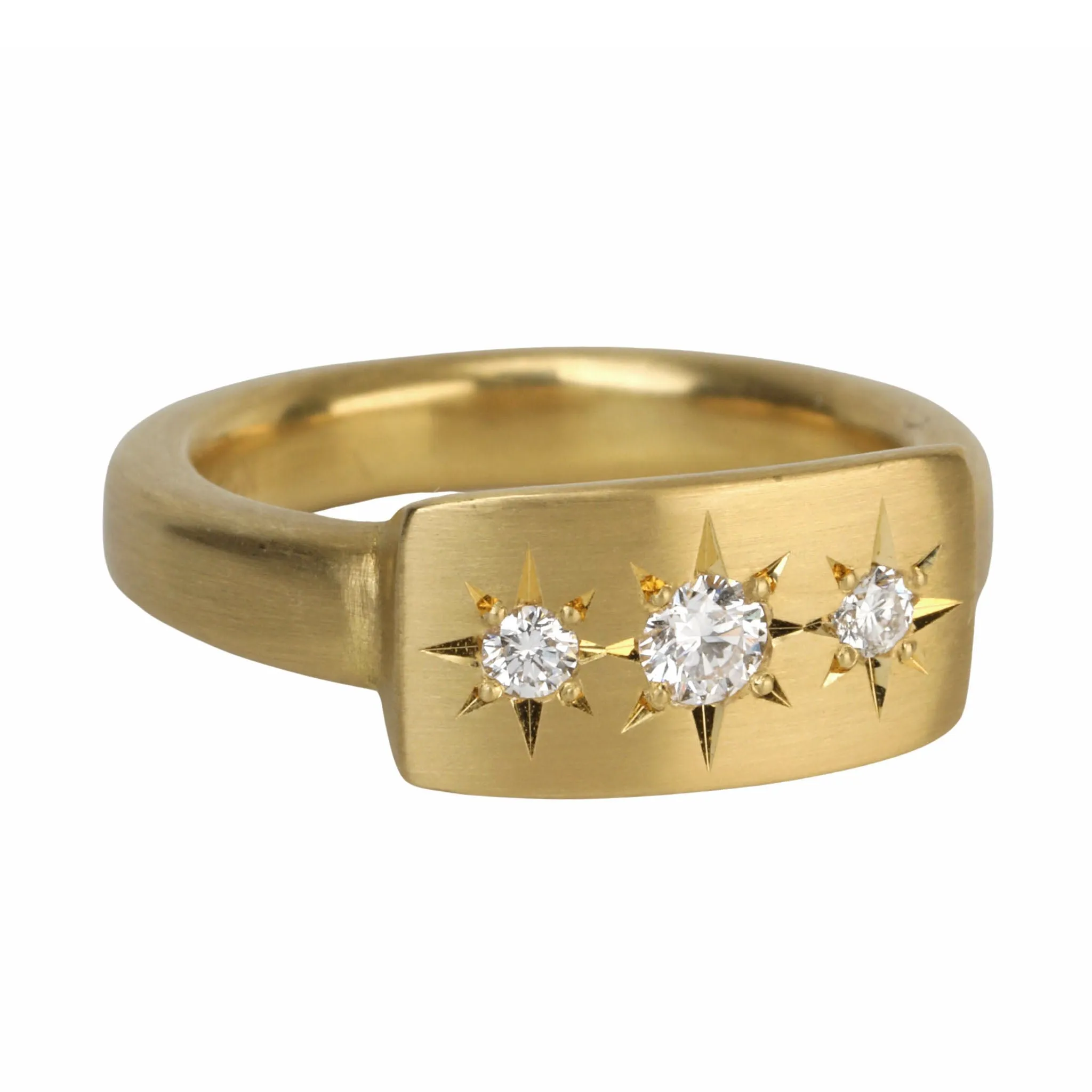 20K Gold Curved Signet Ring with Three Star-Set Diamonds