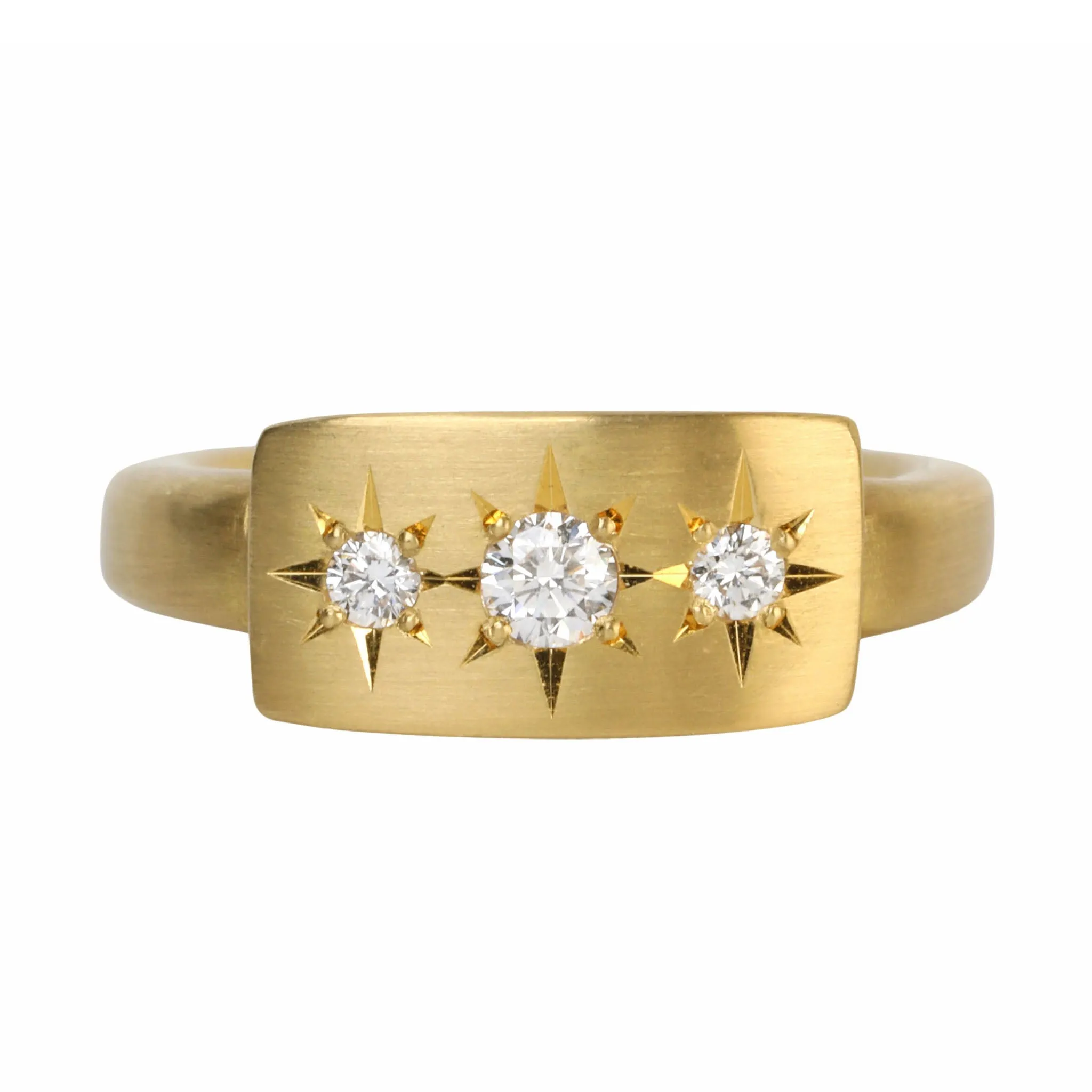 20K Gold Curved Signet Ring with Three Star-Set Diamonds