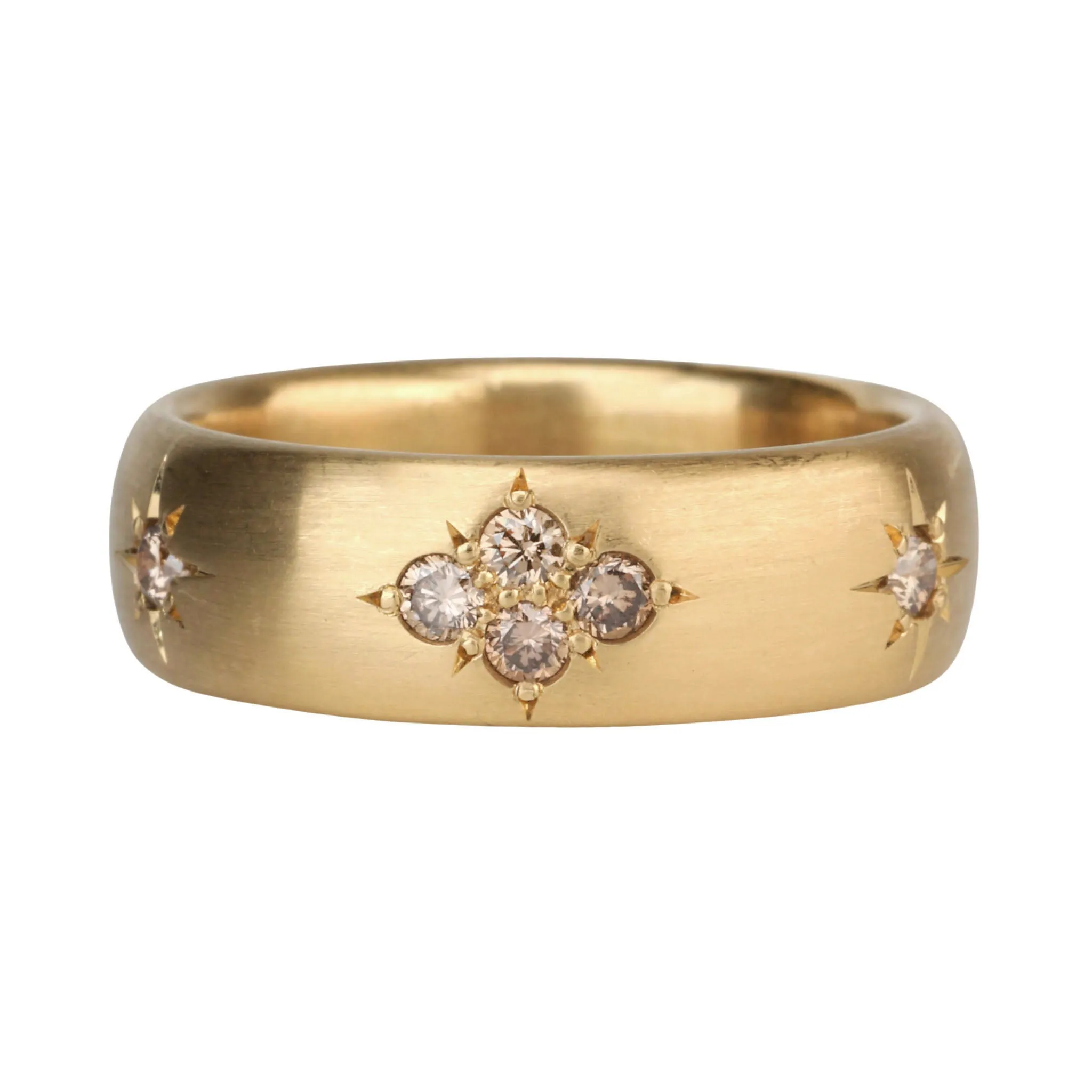 20K Gold Wide Rounded Band with Three Star-Set Cognac Diamond Star Motif Clusters