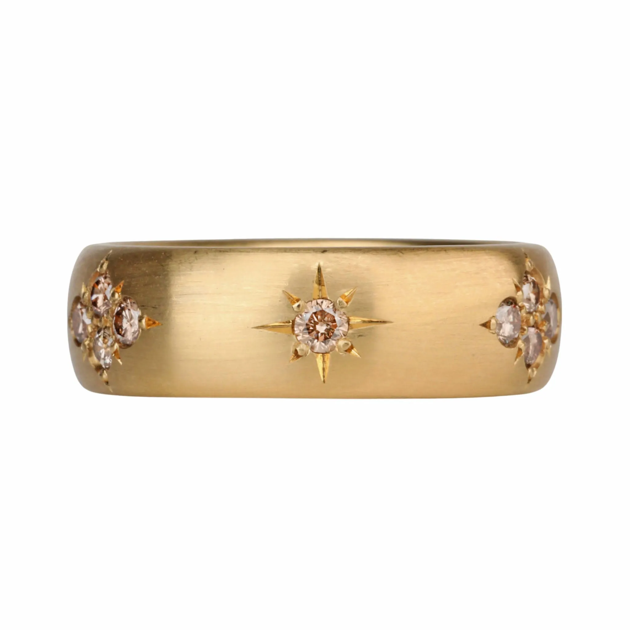 20K Gold Wide Rounded Band with Three Star-Set Cognac Diamond Star Motif Clusters