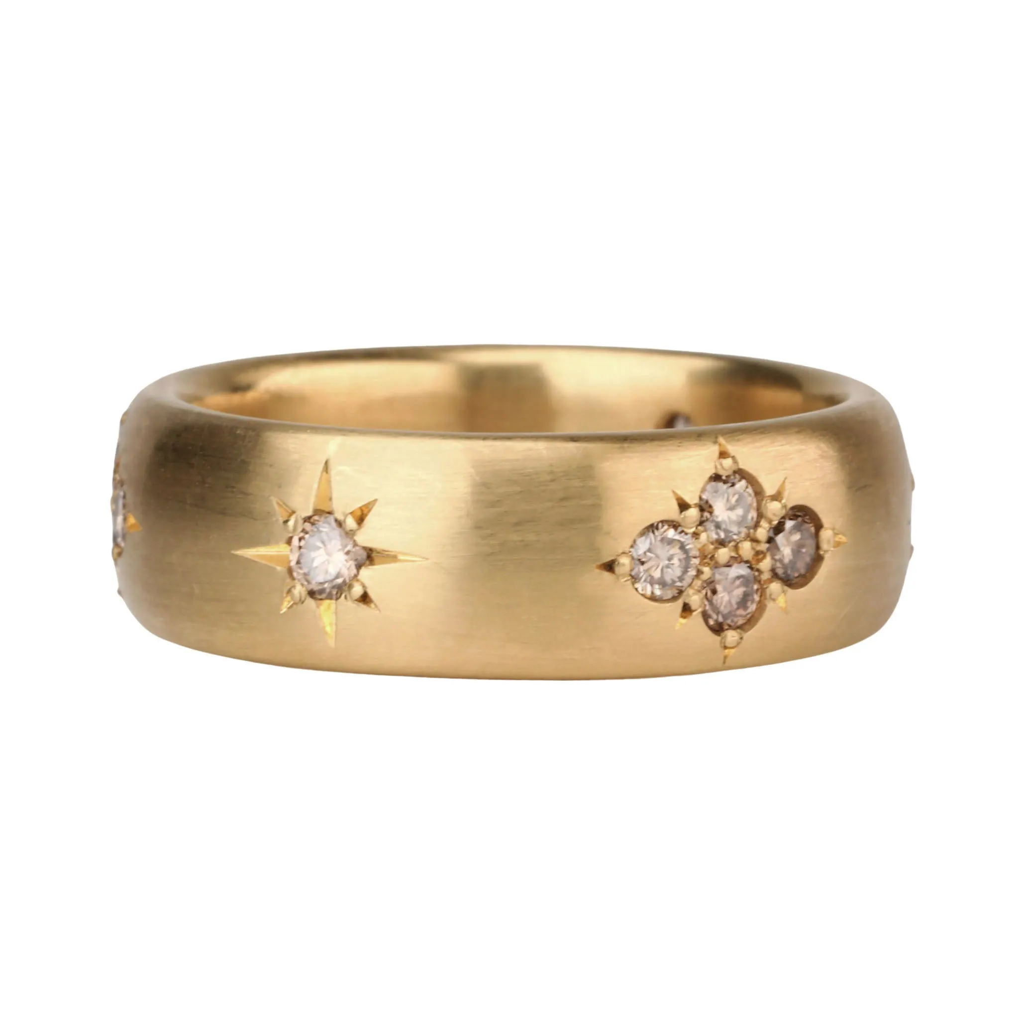 20K Gold Wide Rounded Band with Three Star-Set Cognac Diamond Star Motif Clusters