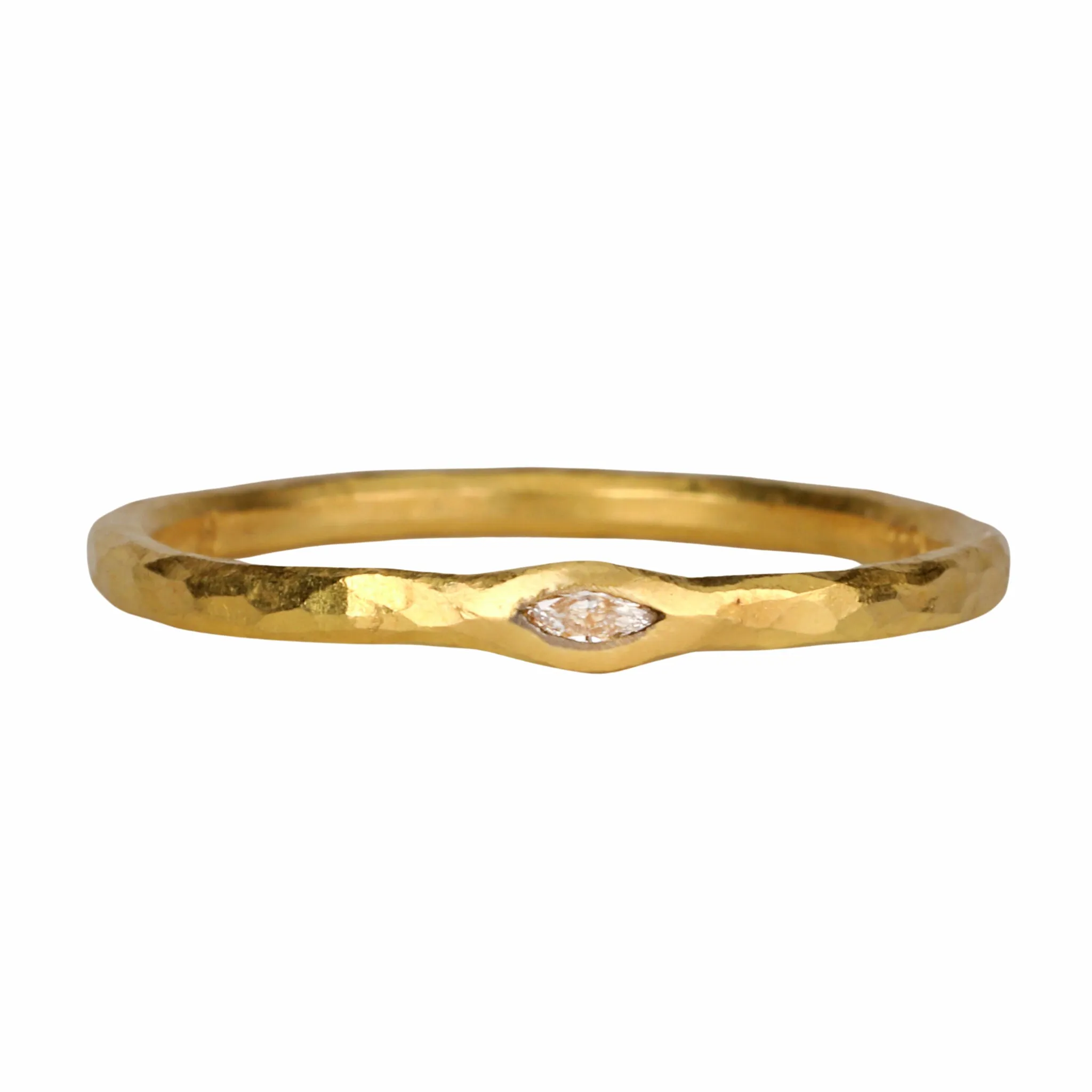 22K Gold Sleek Hammered Ring with Marquise Cut Diamond