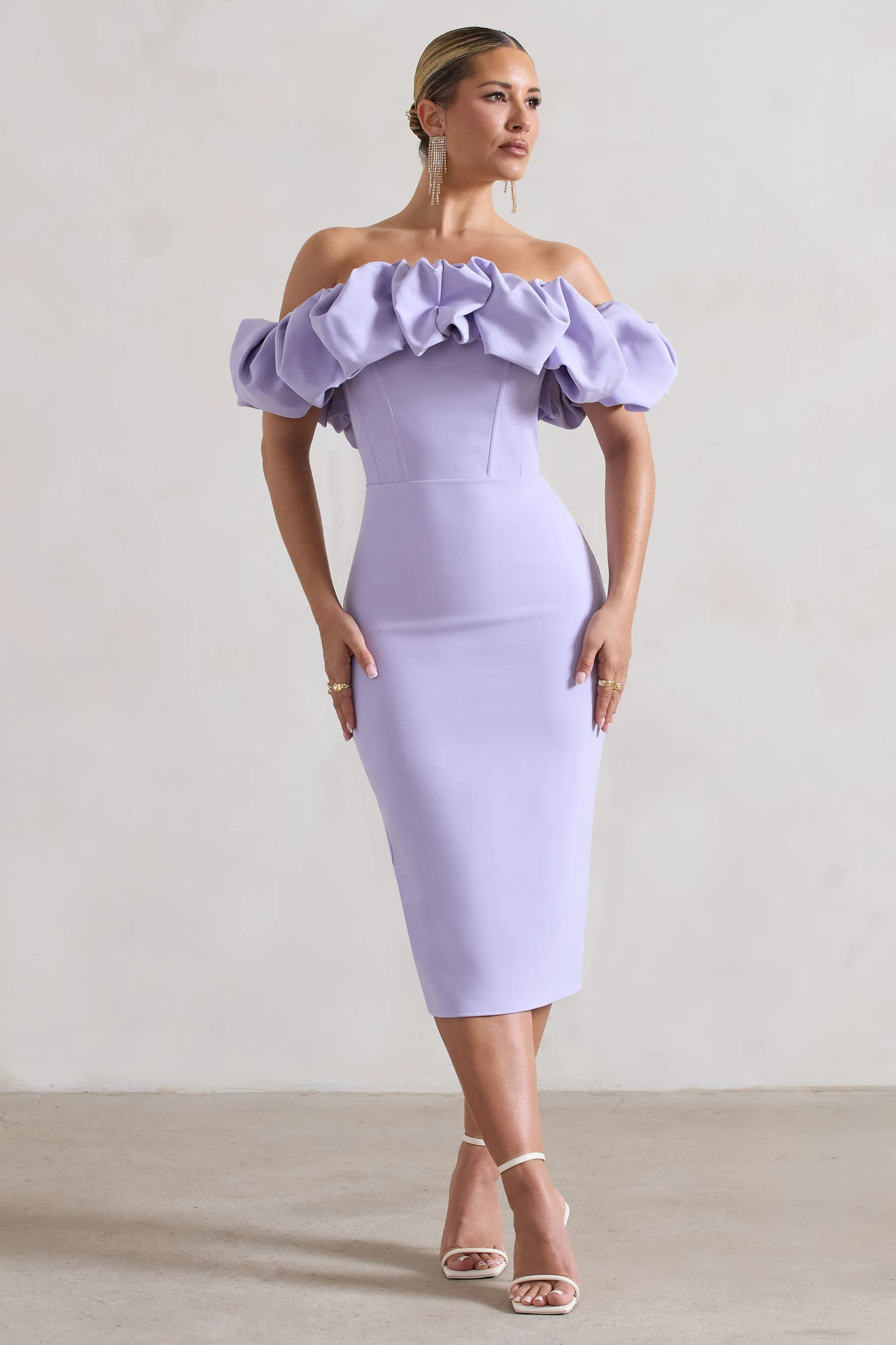 Amie Lilac Ruffle Bardot Midi Dress