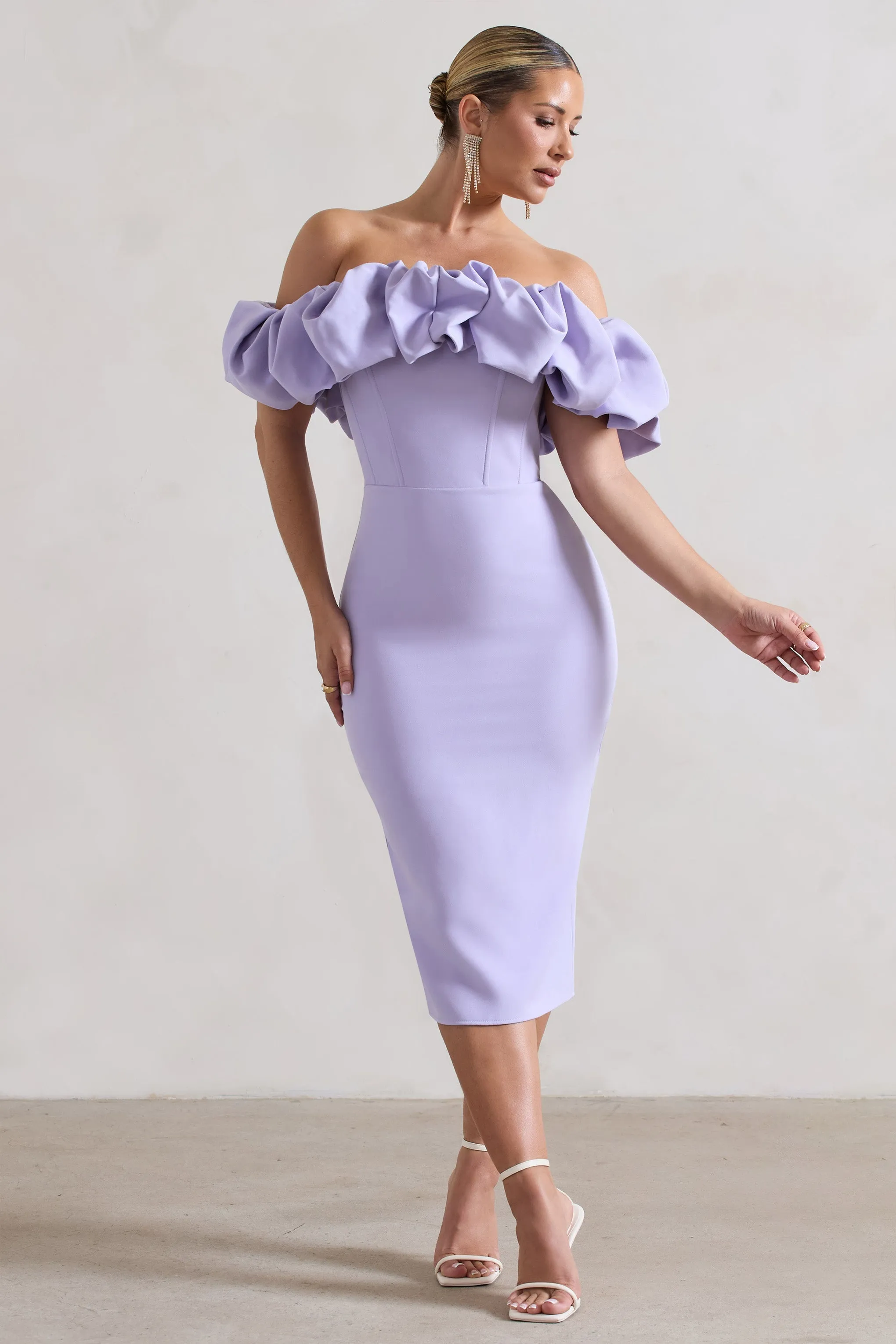 Amie Lilac Ruffle Bardot Midi Dress