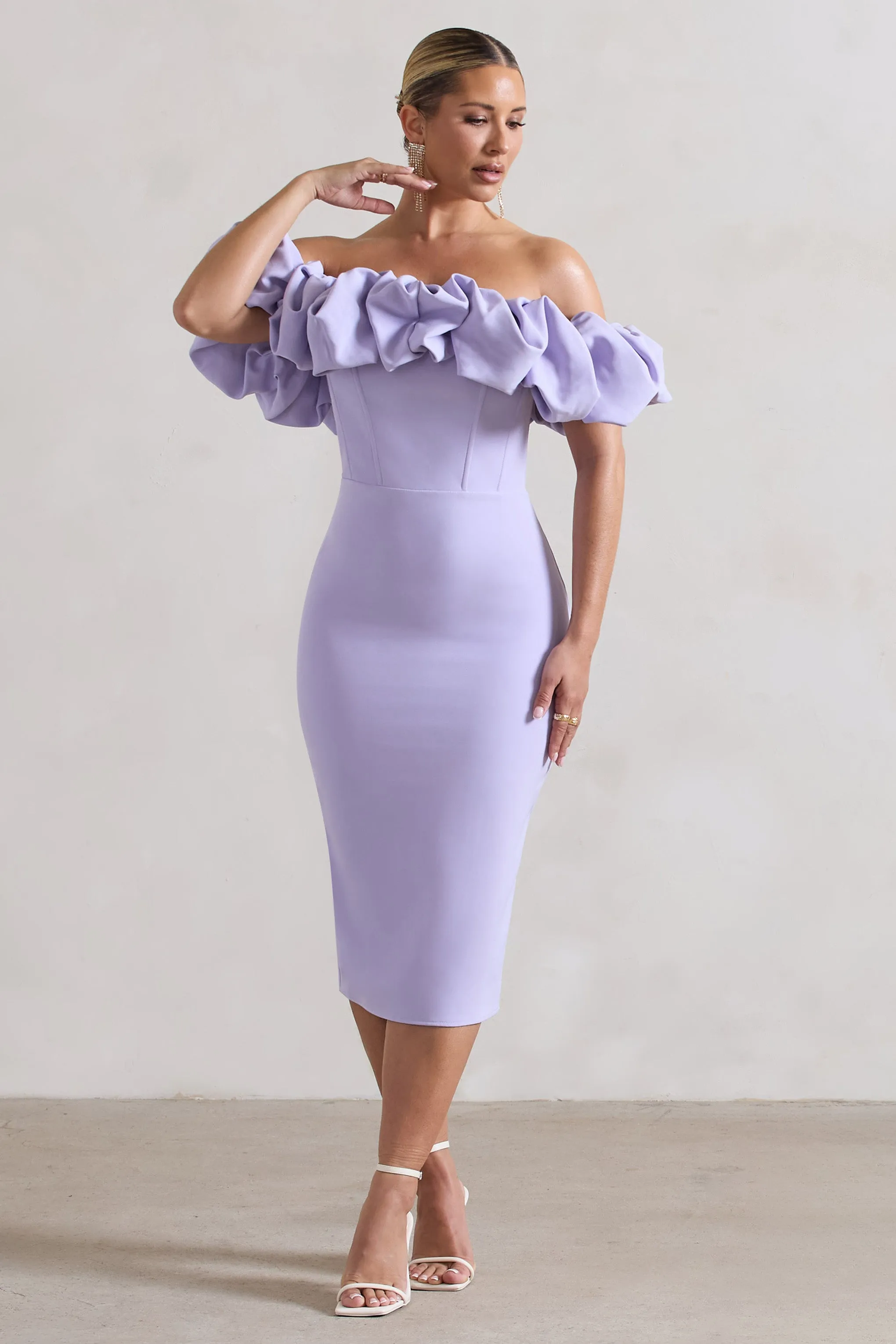 Amie Lilac Ruffle Bardot Midi Dress