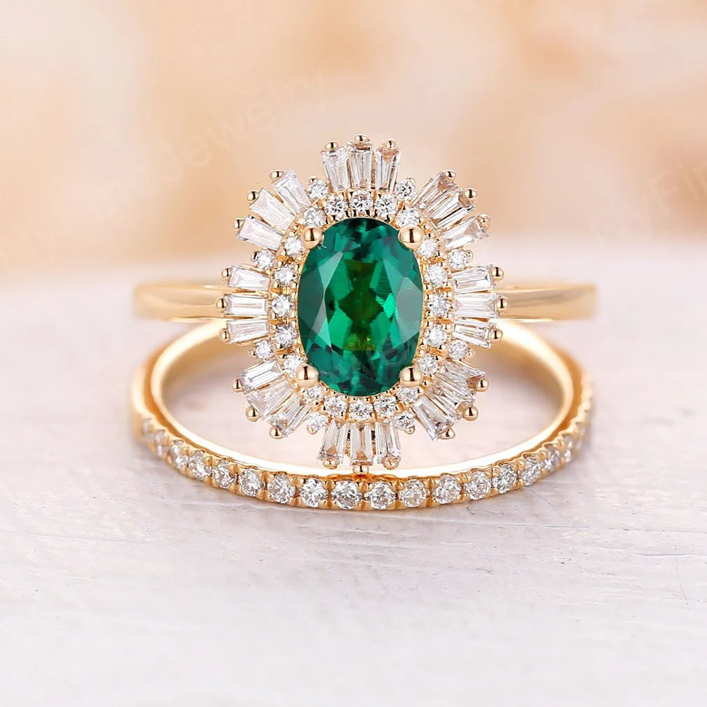 Art deco Oval Lab Emerald Bridal set Yellow Gold