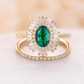 Art deco Oval Lab Emerald Bridal set Yellow Gold