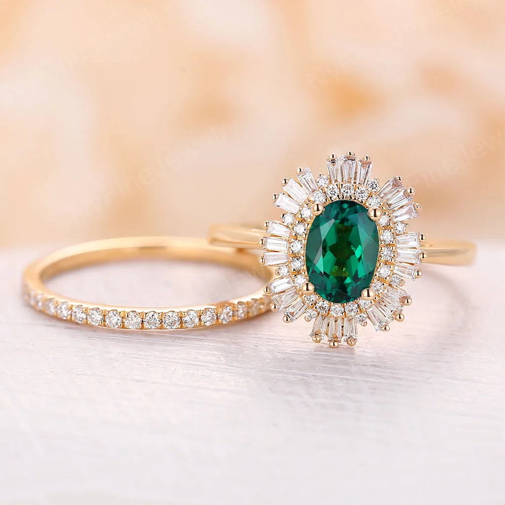 Art deco Oval Lab Emerald Bridal set Yellow Gold