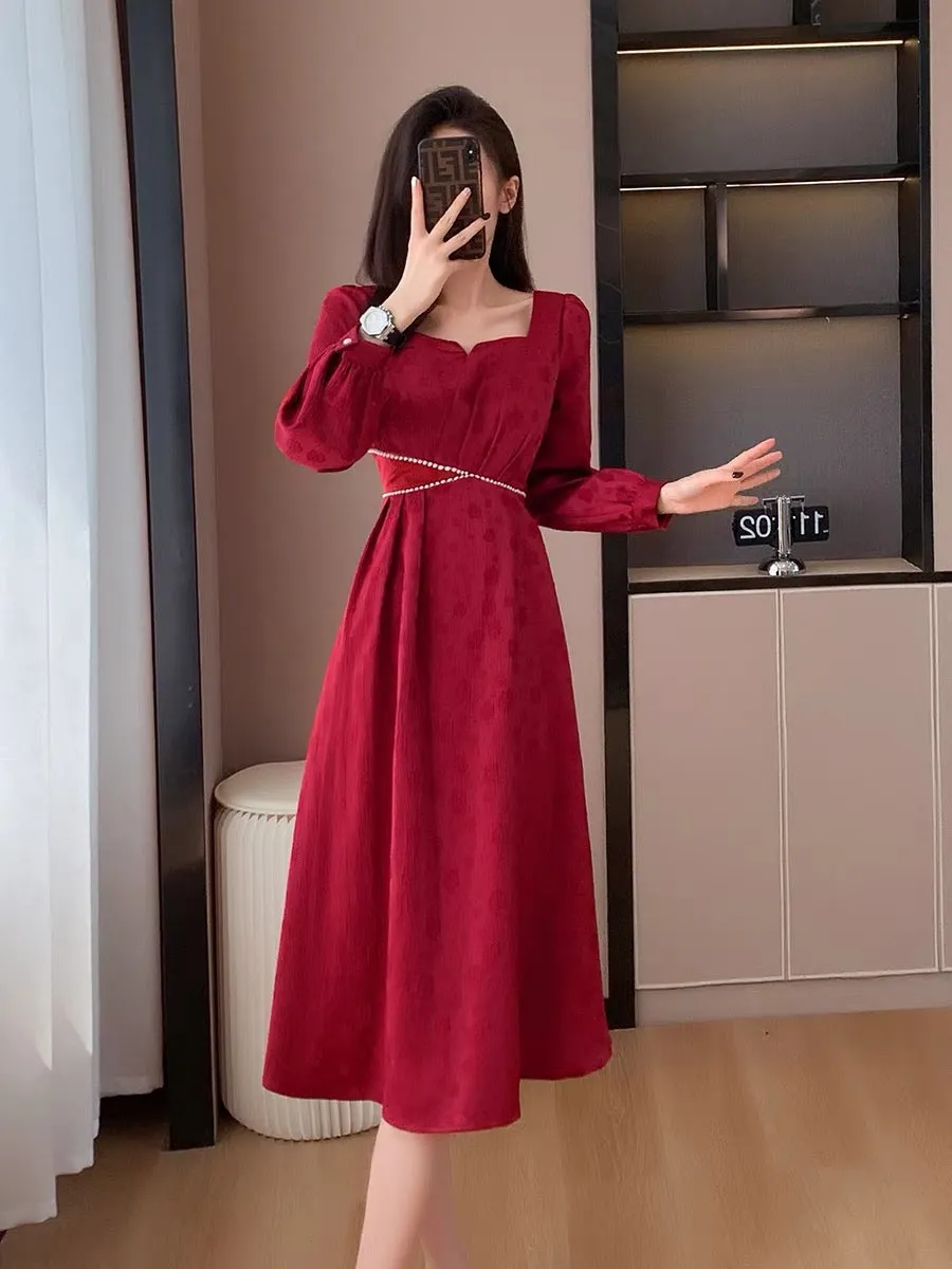 Autumn new retro fashion temperament gentle girl high-end slim long dress red engagement dress dress