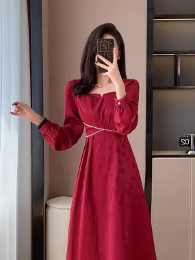 Autumn new retro fashion temperament gentle girl high-end slim long dress red engagement dress dress