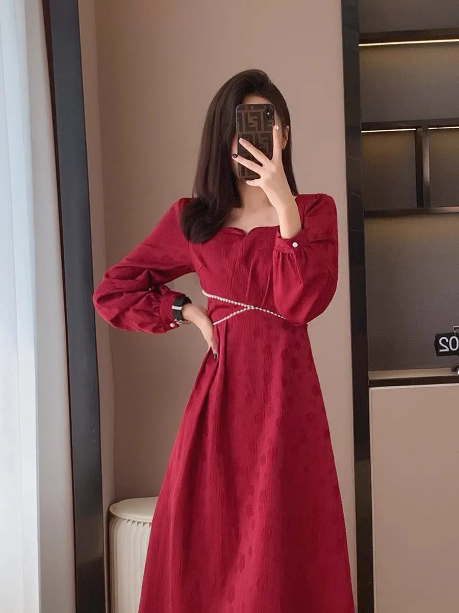 Autumn new retro fashion temperament gentle girl high-end slim long dress red engagement dress dress