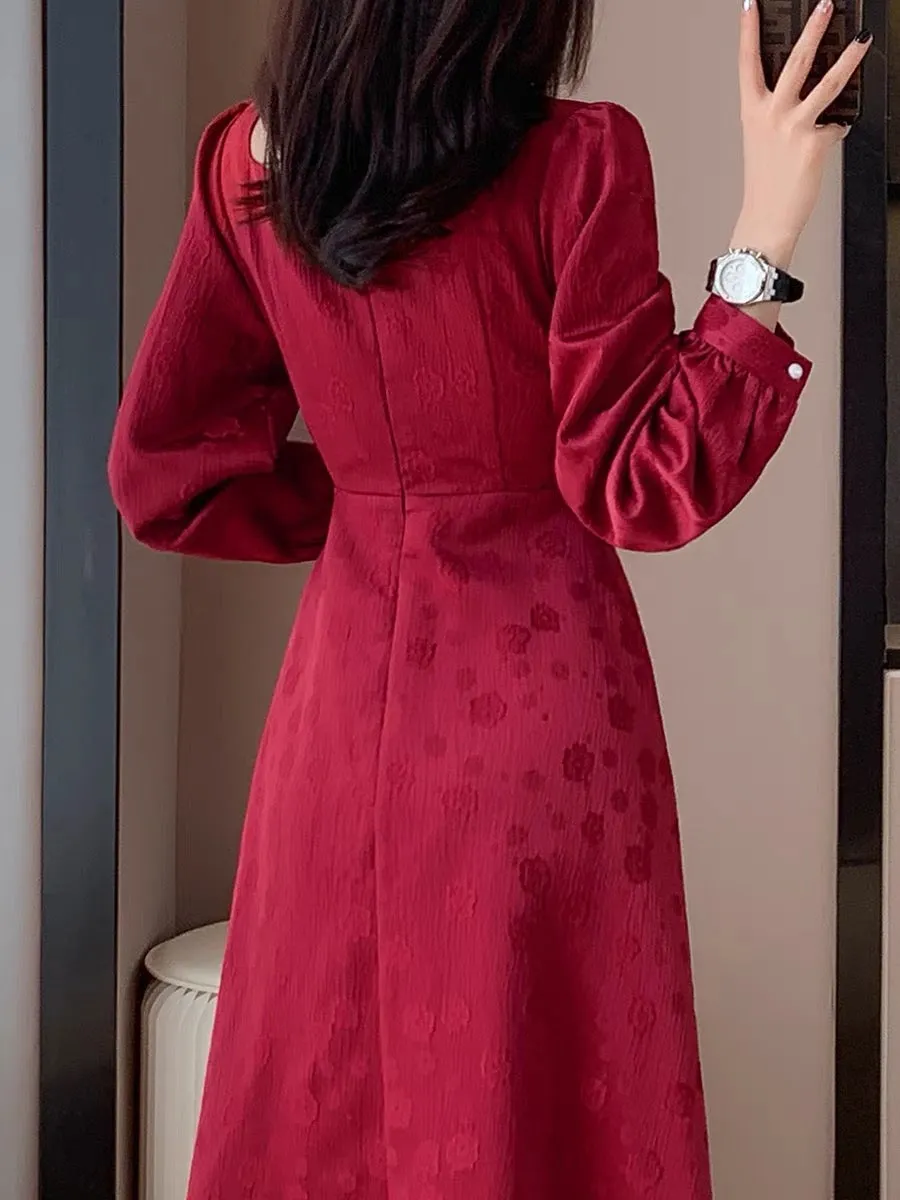 Autumn new retro fashion temperament gentle girl high-end slim long dress red engagement dress dress