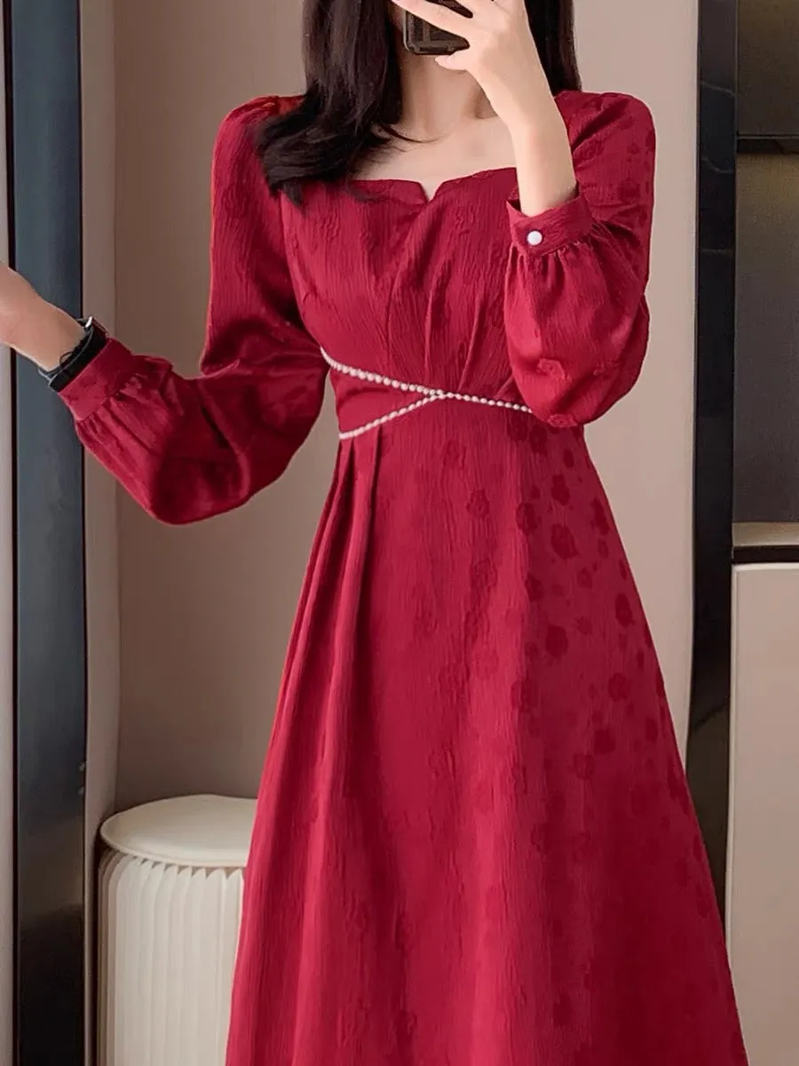 Autumn new retro fashion temperament gentle girl high-end slim long dress red engagement dress dress