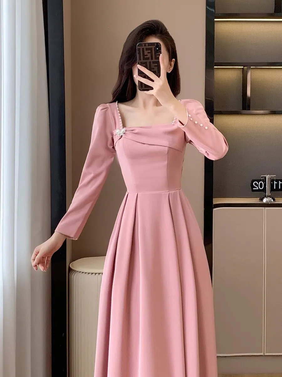 Autumn new style sweet first love girl gentle light luxury long dress engagement certificate pink small dress slim dress