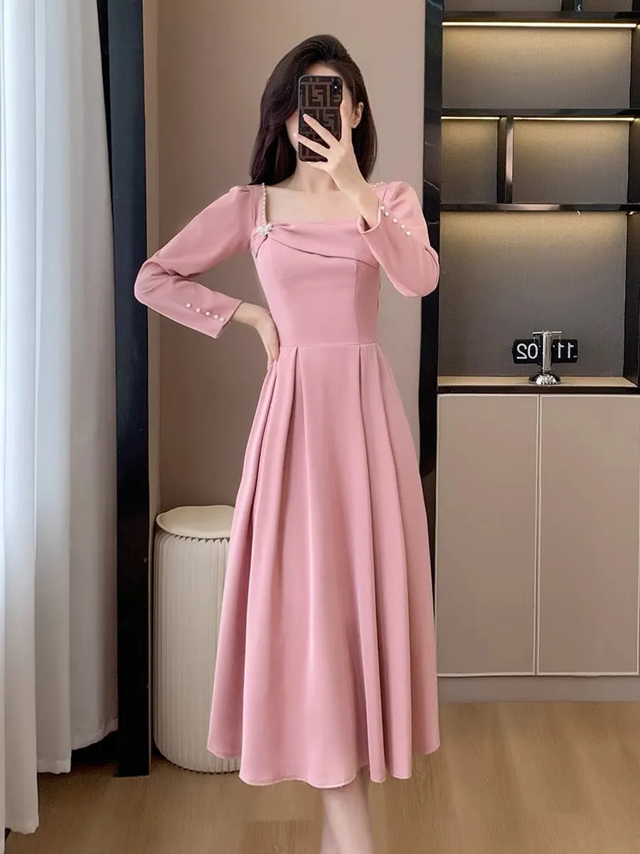 Autumn new style sweet first love girl gentle light luxury long dress engagement certificate pink small dress slim dress