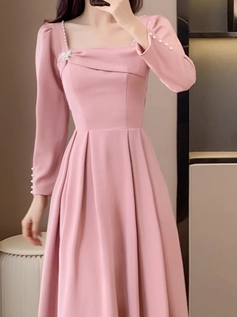 Autumn new style sweet first love girl gentle light luxury long dress engagement certificate pink small dress slim dress