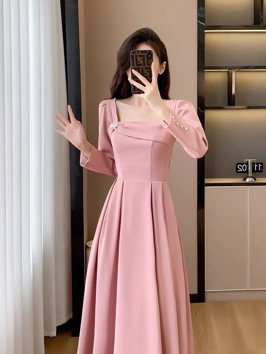 Autumn new style sweet first love girl gentle light luxury long dress engagement certificate pink small dress slim dress