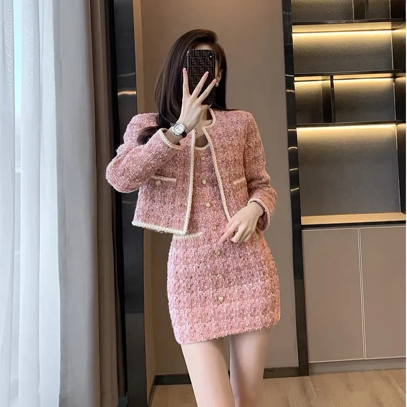 Autumn new women's small fragrance French jacket two-piece suit hot girl autumn and winter petite suspender dress