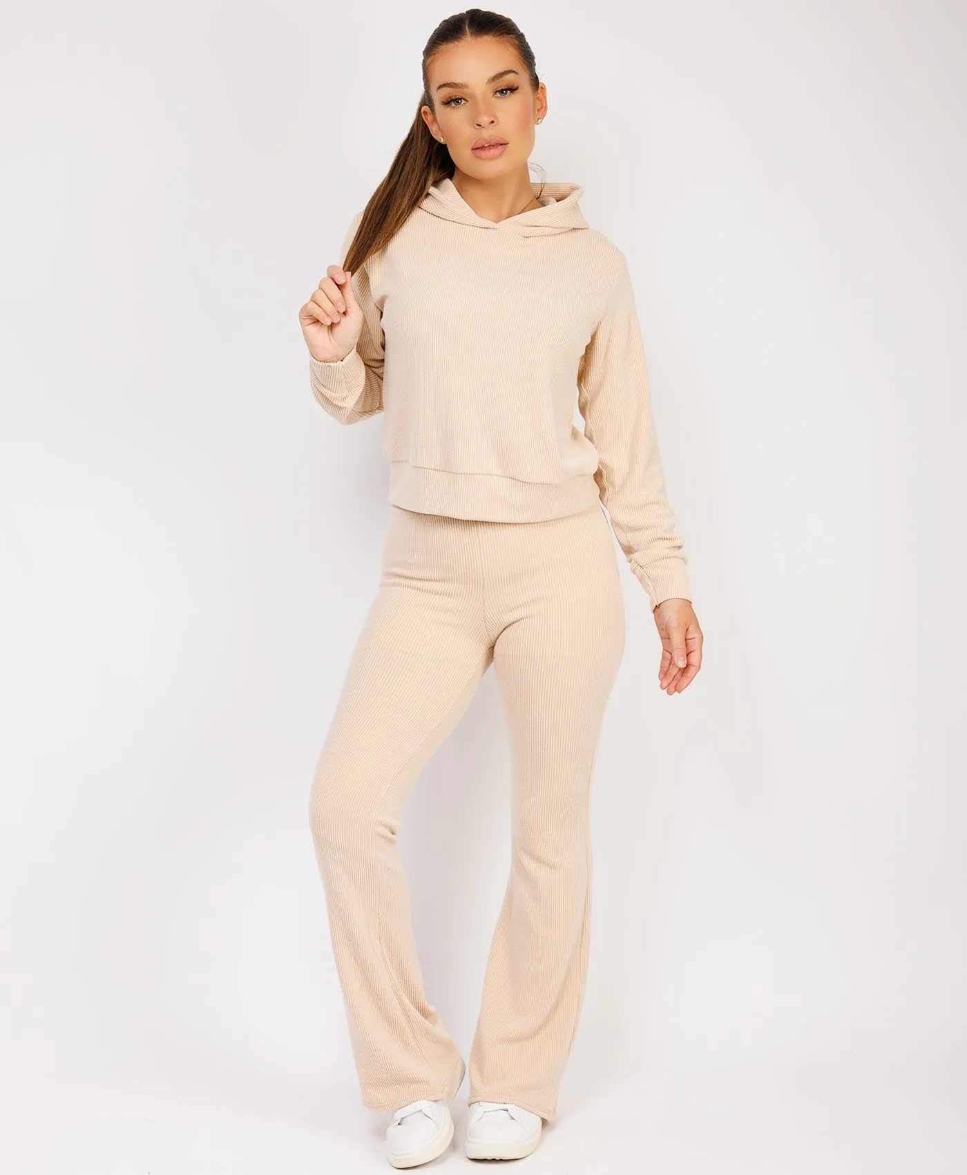 Beige Ribbed Hoody & Skinny Flare Trousers Loungewear Set