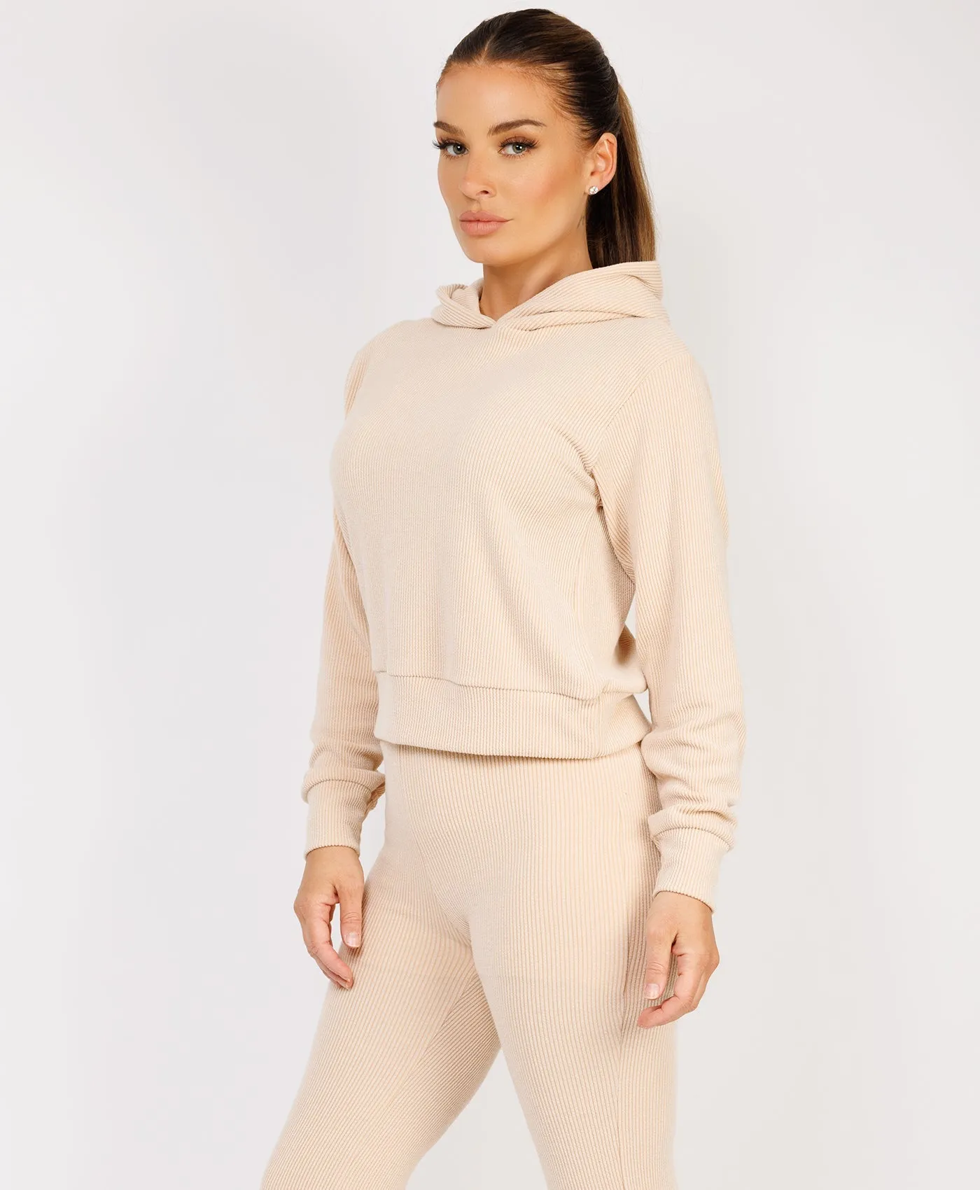 Beige Ribbed Hoody & Skinny Flare Trousers Loungewear Set