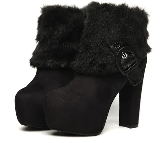 Black High Heel Ankle Boots with Fur Trim and Buckle