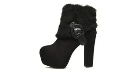 Black High Heel Ankle Boots with Fur Trim and Buckle