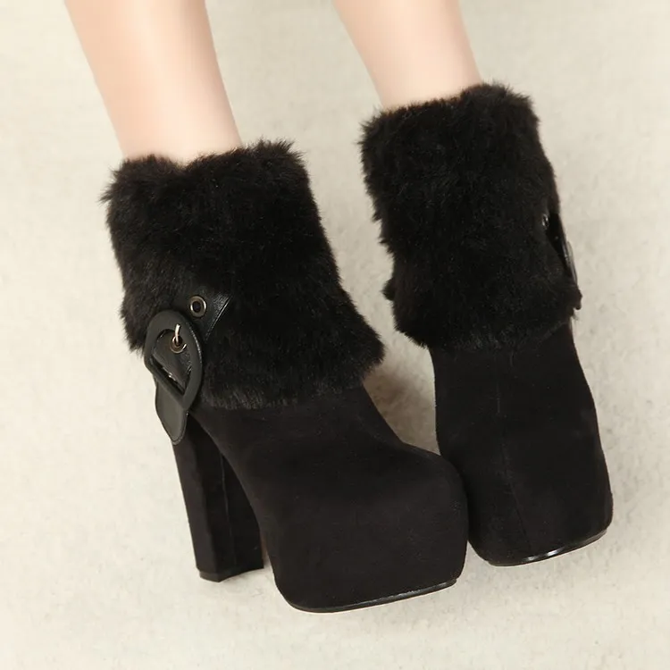 Black High Heel Ankle Boots with Fur Trim and Buckle