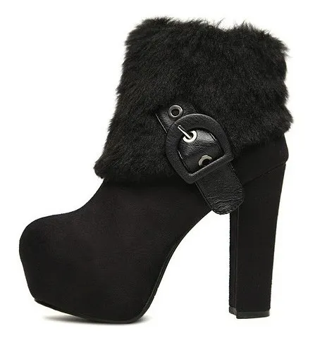 Black High Heel Ankle Boots with Fur Trim and Buckle