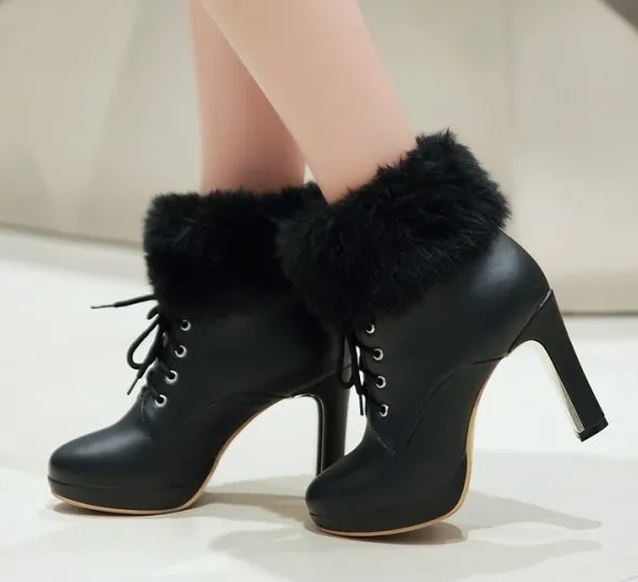 Black High Heel Bootie with Ankle Length, Fur, and Lace-Up Detail