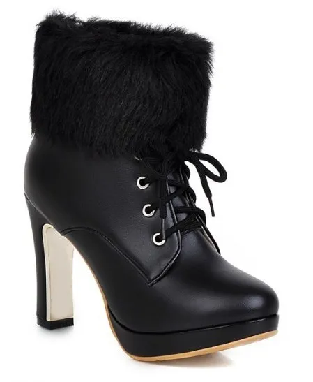 Black High Heel Bootie with Ankle Length, Fur, and Lace-Up Detail