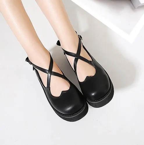 Black Cross Straps Heart Mary Jane Round Head Lolita Platform Creepers