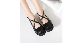 Black Cross Straps Heart Mary Jane Round Head Lolita Platform Creepers