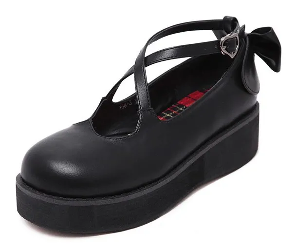 Black Cross Straps Heart Mary Jane Round Head Lolita Platform Creepers