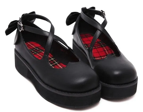 Black Cross Straps Heart Mary Jane Round Head Lolita Platform Creepers