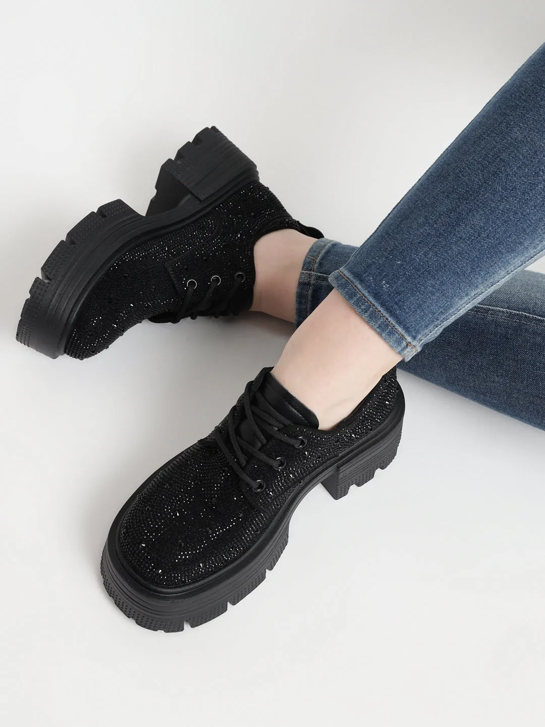 Black Diamante Embellished Lace-Up Sneakers (TC-RS3640-BLK)