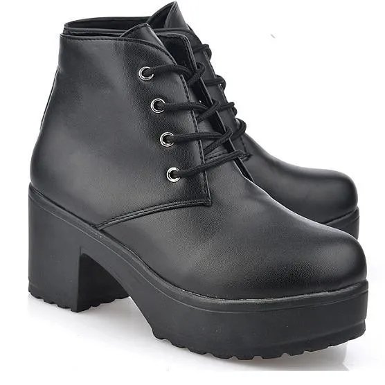 Black Ankle Platforms Block Heels Boots