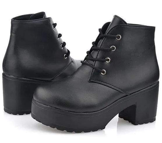 Black Ankle Platforms Block Heels Boots