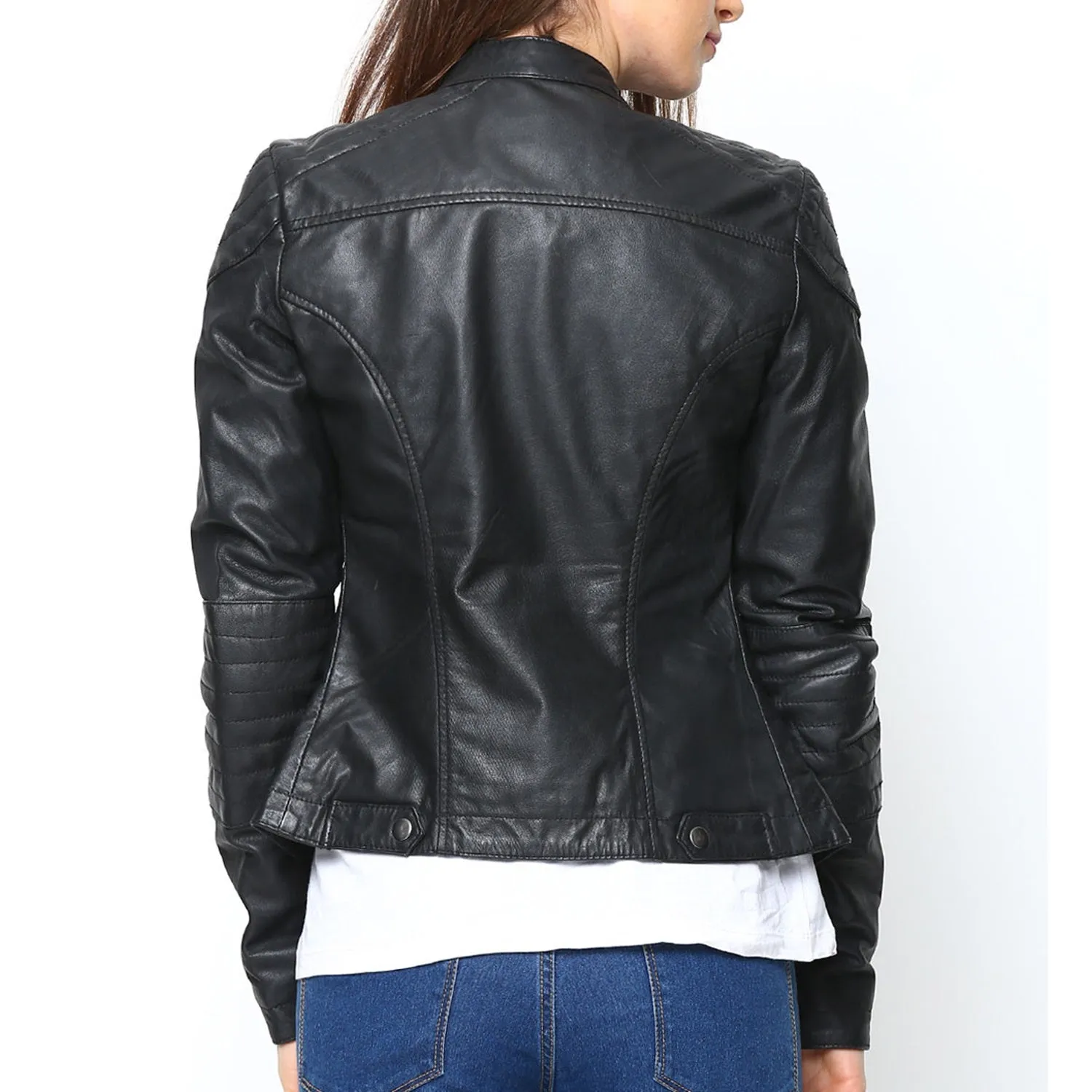 Black Leather Ladies Jacket With Zipper Closure