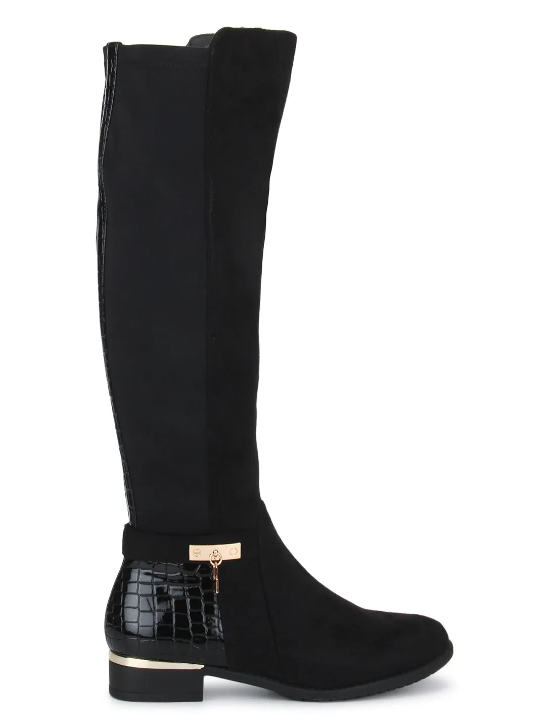 Black Micro Croc Golden Detail Flat Long Boots